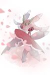 blurry closed_mouth commentary_request full_body highres legs_apart looking_to_the_side lurantis petals pokemon pokemon_(creature) solo standing wafu_pkmn white_background 