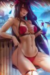 1girl beidou_(genshin_impact) bikini blurry blurry_background blush breasts brown_hair cup drinking_glass flower genshin_impact hair_flower hair_ornament hair_over_one_eye hair_stick large_breasts lips long_hair looking_at_viewer navel olchas one_eye_covered red_eyepatch red_eyes sitting smile solo swimsuit thigh_strap 
