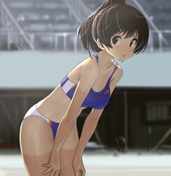  1girl black_eyes black_hair breasts buruma commentary_request cowboy_shot furuyama_itaru hands_on_own_thighs leaning_forward long_hair looking_at_viewer medium_breasts original ponytail solo sports_bikini standing tan tanlines 