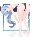 1girl absurdres ahoge ass bangs bare_shoulders bent_over blue_hair breasts diagonal_stripes eyebrows_visible_through_hair from_behind full_body ganyu_(genshin_impact) genshin_impact highres horns kneepits long_hair looking_at_viewer one-piece_swimsuit solo strigidae striped swimsuit violet_eyes 