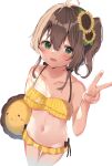  1girl :d ahoge bangs bare_arms bare_shoulders bikini blush brown_hair collarbone eyebrows_visible_through_hair flower green_eyes hair_between_eyes hair_flower hair_ornament hand_up highres hololive looking_at_viewer mizuki_ryuu natsuiro_matsuri navel one_side_up open_mouth simple_background smile solo standing swimsuit virtual_youtuber white_background yellow_bikini yellow_flower 