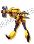  1girl abraham_perez bent_over black_hair black_legwear blonde_hair blue_eyes bumblebee character_name dark-skinned_female dark_skin double_bun english_commentary genderswap genderswap_(mtf) hammer highres holding holding_hammer magical_girl personification solo thigh-highs transformers transformers_animated tube_socks twitter_username white_background white_headwear 