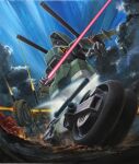  clouds dolla_(kikou_senki_dragonar) energy_sword ganzer ground_vehicle highres holding holding_sword holding_weapon kikou_senki_dragonar mecha motor_vehicle motorcycle official_art open_hand ryukow_masseau science_fiction shoulder_cannon sky solo sword weapon 