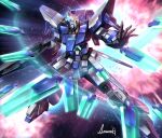  amasaki_yusuke aqua_eyes artist_name explosion funnels glowing glowing_eye gundam gundam_age gundam_age-fx mecha no_humans open_hand science_fiction solo space v-fin 