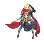  1girl absurdres amelia_(fire_emblem) armor bangs black_legwear blonde_hair blush breasts cape clenched_hand commentary_request elbow_gloves fire_emblem fire_emblem:_the_sacred_stones fire_emblem_heroes full_body gauntlets gloves green_eyes hand_up highres looking_at_viewer medium_breasts midriff navel official_art open_mouth red_cape shiny shiny_hair short_hair shoulder_armor simple_background skirt smile solo standing stomach taroji thigh-highs toeless_footwear toes white_background zettai_ryouiki 