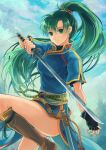 1girl akr369akr bangs black_gloves blue_dress boots brown_footwear closed_mouth clouds dress earrings fingerless_gloves fire_emblem fire_emblem:_the_blazing_blade floating_hair gloves green_eyes green_hair hair_between_eyes high_ponytail holding holding_sword holding_weapon jewelry katana knee_boots long_hair lyn_(fire_emblem) shiny shiny_hair short_sleeves side_slit smile solo sparkle standing standing_on_one_leg sword very_long_hair weapon 