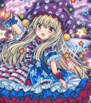  1girl american_flag_dress arm_up bangs blonde_hair blue_background blue_dress blue_sleeves blush bow clownpiece dress dress_bow eyebrows_visible_through_hair fairy_wings fire hair_between_eyes hand_up hat jester_cap long_hair looking_at_viewer marker_(medium) multicolored multicolored_clothes multicolored_dress multicolored_eyes open_mouth purple_bow purple_headwear red_dress red_eyes red_sleeves rui_(sugar3) short_sleeves smile solo star_(symbol) star_print starry_background striped striped_dress torch touhou traditional_media white_dress white_sleeves wings wrist_cuffs yellow_eyes 