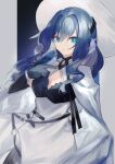  1girl arknights astesia_(arknights) black_dress black_gloves blue_eyes blue_hair cape commentary cowboy_shot dress dutch_angle feathers gloves hair_between_eyes hair_intakes hat long_hair looking_at_viewer parted_lips sasa_onigiri solo wavy_hair white_cape white_dress white_headwear 