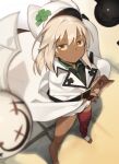  1girl akisa_(12023648) bandaged_arm bandages blonde_hair breasts dark-skinned_female dark_skin from_above guilty_gear guilty_gear_strive hat looking_at_viewer looking_up ramlethal_valentine shorts small_breasts standing white_headwear yellow_eyes 