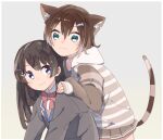  2girls :3 animal_ear_fluff animal_ears bangs black_hair blue_eyes bow bowtie brown_hoodie brown_jacket brown_skirt cat_ears character_request closed_mouth collared_shirt commentary_request fish_hair_ornament green_eyes grey_background hair_between_eyes hair_ornament hairclip hand_on_another&#039;s_shoulder hood hoodie jacket long_hair long_sleeves looking_at_another multiple_girls nijisanji red_neckwear shirt short_hair simple_background skirt sleeves_past_wrists smile sou_(tuhut) striped striped_hoodie tail tsukino_mito white_shirt 