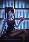  1girl alcohol bangs bar bartender crossed_legs cup drinking_glass feet_out_of_frame geomiddang highres holding holding_cup indoors jill_stingray long_hair long_sleeves looking_at_viewer necktie pantyhose purple_hair purple_vest red_eyes red_neckwear shirt sidelocks sitting skirt solo twintails va-11_hall-a vest white_shirt wine wine_glass 