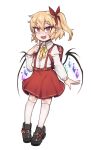  1girl :d absurdres adapted_costume backpack bag bangs commentary_request crystal fang flandre_scarlet full_body hair_between_eyes highres no_hat no_headwear nyong_nyong open_mouth randoseru simple_background smile solo touhou white_background wings 