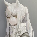  1girl absurdres animal_ear_fluff animal_ears arknights bangs brown_eyes expressionless grey_background high_collar highres horse_ears horse_girl long_hair looking_at_viewer looking_to_the_side miike_(992058) platinum_(arknights) ponytail portrait shirt solo white_hair white_shirt 
