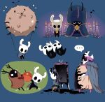  ... arizuka_(catacombe) berry blue_background candle chair character_request cloak fire flame helm helmet highres holding hollow_knight horns knight_(hollow_knight) musical_note no_cloak painting pulling sitting spoken_ellipsis standing trembling 