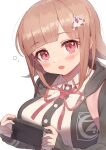  1girl absurdres bangs black_jacket blush breasts commentary_request dangan_ronpa_(series) dangan_ronpa_2:_goodbye_despair eyebrows_visible_through_hair hair_ornament hairclip handheld_game_console highres holding hood jacket keureu_(tiqkdtiqkd10) large_breasts looking_at_viewer nanami_chiaki open_mouth pink_eyes pink_ribbon ribbon shirt simple_background solo upper_body white_background 