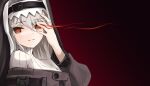  1girl arknights bangs black_background chaesu eyebrows_visible_through_hair gradient gradient_background habit hair_between_eyes hand_up highres looking_at_viewer nun parted_lips red_eyes shadow smile solo specter_(arknights) sweater white_sweater 