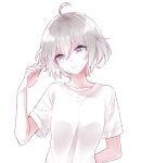  1girl 6_(yuchae) adjusting_hair antenna_hair bangs black_eyes black_hair closed_mouth hair_between_eyes honkai_(series) honkai_impact_3rd seele_vollerei shirt short_hair short_sleeves simple_background smile solo white_background white_shirt 