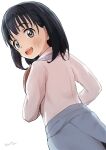  1girl :d aayh bangs black_hair blush commentary_request dutch_angle eniwa_shii eyebrows_visible_through_hair from_behind grey_eyes looking_at_viewer looking_back open_mouth shirt signature simple_background smile solo super_cub upper_teeth white_background white_shirt 