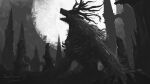  antlers artist_name bloodborne cleric_beast commentary copyright_name fur highres monster moon night open_mouth ribs scenery sharp_teeth sketch solo statue teeth tripdancer 