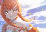  1girl bangs blush bouquet clouds cloudy_sky commentary_request day dress eyebrows_visible_through_hair flower hair_flower hair_ornament highres long_hair looking_at_viewer mayano_top_gun_(umamusume) orange_eyes orange_hair sidelocks sky solo umamusume wedding_dress zundamochi_(pixiv13535730) 