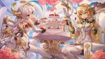  2girls alchemy_stars balloon bangs bare_shoulders bird blonde_hair cup doughnut fire flower food food_in_mouth fork fruit gloves hair_between_eyes halo highres irridon_(alchemy_stars) long_hair lujang_(fudge) multiple_girls official_art open_mouth pastry pinky_out red_eyes sitting sky staff strawberry table teacup thigh-highs uriel_(alchemy_stars) vambraces white_gloves white_hair white_legwear yellow_eyes 