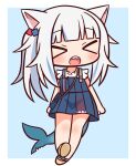  &gt;_&lt; 1girl :o animal_ears bag bangs blue_background blue_dress blue_hair blush brown_footwear cat_ears chibi closed_mouth dress eyebrows_visible_through_hair facing_viewer fish_tail full_body gawr_gura grey_hair hair_cubes hair_ornament hana_kazari highres hololive hololive_english long_hair multicolored_hair open_mouth sandals shark_tail sharp_teeth shirt shoe_soles shoulder_bag side_ponytail sleeveless sleeveless_dress solo streaked_hair tail teeth two-tone_background very_long_hair virtual_youtuber white_background white_shirt 