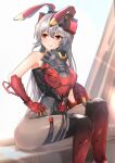  1girl absurdres animal_ears armor bare_shoulders black_legwear boots breasts charolic_(girls_frontline_2) closed_mouth eyebrows_visible_through_hair feet_out_of_frame gauntlets girls_frontline girls_frontline_2:_exilium grey_hair hand_on_hip highres long_hair looking_away muteppona_hito pantyhose rabbit_ears red_eyes simple_background sitting solo sunlight thighs 