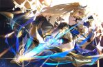  1girl aiming_at_viewer armor armored_dress arrow_(projectile) bangs bare_shoulders bianka_durandal_ataegina bianka_durandal_ataegina_(dea_anchora) black_gloves blonde_hair blue_eyes bow_(weapon) breasts ether.b full_body gloves hair_between_eyes hair_ornament holding holding_bow_(weapon) holding_weapon honkai_(series) honkai_impact_3rd long_hair looking_at_viewer polearm ponytail sideboob solo spear weapon 