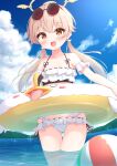  1girl blue_archive blush clouds commentary_request eyewear_on_head halo hifumi_(blue_archive) highres innertube isoroku_(isrk) light_brown_hair long_hair looking_at_viewer low_twintails ocean open_mouth sky solo summer sunglasses swimsuit twintails yellow_eyes 