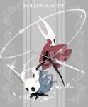  1girl arizuka_(catacombe) ass cloak copyright_name full_body highres holding holding_weapon hollow_eyes hollow_knight hornet_(hollow_knight) horns knight_(hollow_knight) mask red_cloak standing sword weapon 