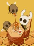  arizuka_(catacombe) bee bug butter chair cloak cup flying food highres hollow_eyes hollow_knight honey horns insect knight_(hollow_knight) mask no_humans orange_background pancake simple_background sitting wings 