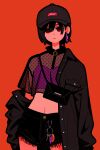  1girl absurdres black_coat black_hair black_shorts camisole coat cowboy_shot earrings expressionless fishnet_top fishnets hat highres jewelry looking_at_viewer midriff navel original print_headwear purple_camisole red_background red_eyes short_hair shorts simple_background solo yoshi_mi_yoshi 