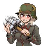  1girl :d blonde_hair blue_eyes camouflage camouflage_headwear can explosive grenade grin highres holding long_sleeves looking_at_viewer military military_uniform monster_energy open_mouth original red_eyes short_hair simple_background smile soda_can solo teeth uniform white_background willy_pete world_war_i 