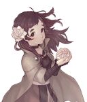  1girl absurdres ahoge bangs brown_eyes brown_hair closed_mouth fire_emblem fire_emblem_fates flower freckles hair_flower hair_ornament highres looking_at_viewer medium_hair misokatsuhaumai mozu_(fire_emblem) petals solo upper_body 