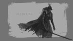  armor artist_name cape commentary copyright_name cropped_legs elden_ring from_side gender_request gloves grey_background greyscale helmet highres holding holding_sword holding_weapon long_hair messy_hair monochrome shoulder_armor sketch sword tripdancer two-tone_background weapon winged_helmet 