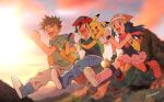  1girl 2boys :d ash_ketchum backpack bag bangs baseball_cap beanie black_gloves black_hair blue_eyes blue_hair boots brock_(pokemon) brown_hair clenched_hand clenched_hands closed_eyes collared_shirt commentary_request hikari_(pokemon) eyelashes fingerless_gloves floating_hair gen_1_pokemon gloves green_bag green_shirt hair_ornament hairclip hand_up hat highres hungry_seishin jumping legs_apart lens_flare long_hair multiple_boys open_mouth outdoors over-kneehighs pants pikachu pink_footwear pokemon pokemon_(anime) pokemon_(creature) pokemon_dppt_(anime) red_headwear scarf shirt shoes short_hair short_sleeves sleeveless smile spiky_hair thigh-highs tongue |d 