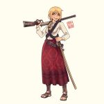  1girl :d absurdres antenna_hair bandolier bangs beige_background blonde_hair braid braided_ponytail full_body gun hair_between_eyes highres holding holding_gun holding_weapon lever_action long_sleeves looking_at_viewer mexican_dress open_mouth original rifle saber_(weapon) sandals sheath sheathed simple_background smile solo sword teeth weapon willy_pete winchester_model_1894 yellow_eyes 