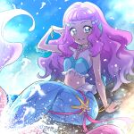 1girl arm_support blue_eyes blue_sky bracelet clouds commentary_request jewelry laura_la_mer looking_at_viewer mermaid midriff monster_girl nakahira_guy navel ocean outdoors pink_hair precure sitting sky solo tropical-rouge!_precure water