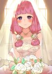  1girl alternate_costume bare_shoulders bouquet breasts bride commission fire_emblem fire_emblem_awakening flower hair_flower hair_ornament highres hime_cut jewelry looking_at_viewer medium_breasts medium_hair mitama_(fire_emblem) mukatsukupochi necklace pink_hair skeb_commission star-shaped_pupils star_(symbol) symbol-shaped_pupils 