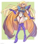  1girl absurdres armor bangs blonde_hair blue_footwear blue_gloves boots breastplate breasts cape covered_navel crossed_legs deedlit elf fantasy floating_hair forehead_jewel gloves highres leotard long_hair long_pointy_ears medium_breasts oomasa_teikoku open_hands pointy_ears record_of_lodoss_war shoulder_armor solo thigh-highs thigh_boots 