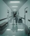  1boy 1other absurdres angel avogado6 bench black_eyes commentary_request different_reflection grey_hair hallway halo highres hospital hospital_gown intravenous_drip long_sleeves looking_at_viewer no_mouth original reflection slippers standing wheelchair wide-eyed wings 
