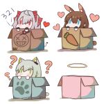  3girls ? amiya_(arknights) animal_ears arknights blue_eyes box brown_hair cardboard_box carrot chibi chinese_commentary chinese_text commentary_request demon_girl demon_horns demon_tail detonator green_eyes green_hair grey_hair halo hatsuzuki_527_(style) highres holding_remote_control horns in_box in_container kal&#039;tsit_(arknights) luai_(qq) lynx_girl lynx_tail multiple_girls rabbit_ears red_eyes red_horns short_hair solid_oval_eyes tail w_(arknights) 