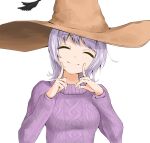  1girl borrowed_character brown_headwear chaesu closed_eyes eyebrows_visible_through_hair hat highres index_finger_raised knit_sweater original purple_hair purple_sweater shadow short_hair simple_background smile solo sweater white_background witch_hat 