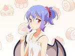  1girl bare_shoulders bat_wings blue_hair camisole cato_(monocatienus) collarbone commentary eyebrows_visible_through_hair flat_chest food hair_ornament hair_scrunchie popsicle red_eyes red_scrunchie remilia_scarlet scrunchie short_hair short_ponytail solo touhou upper_body white_camisole wings 