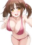  1girl :d bikini breasts brown_hair highres idolmaster idolmaster_cinderella_girls kibihimi large_breasts looking_at_viewer open_mouth red_bikini simple_background smile solo swimsuit totoki_airi twintails white_background 
