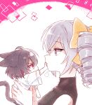  2girls 6_(yuchae) angry animal_ears antenna_hair bangs bare_shoulders black_shirt bronya_zaychik cat_ears cat_girl cat_tail drill_hair grey_eyes grey_hair hair_between_eyes hand_on_another&#039;s_mouth honkai_(series) honkai_impact_3rd looking_at_another multiple_girls red_eyes redhead seele_(alter_ego) seele_vollerei shirt short_hair short_sleeves sleeveless tail twin_drills white_background white_shirt younger 