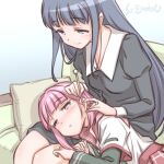  2girls artist_name blue_eyes blue_hair couch lap_pillow long_hair magia_record:_mahou_shoujo_madoka_magica_gaiden mahou_shoujo_madoka_magica mimikaki multiple_girls nanami_yachiyo pink_eyes pink_hair smile studiozombie tamaki_iroha yuri 