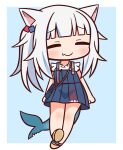  1girl animal_ears bag bangs blue_background blue_dress blue_hair blush brown_footwear cat_ears chibi closed_eyes closed_mouth dress eyebrows_visible_through_hair facing_viewer fang fang_out fish_tail full_body gawr_gura grey_hair hair_cubes hair_ornament hana_kazari highres hololive hololive_english long_hair multicolored_hair sandals shark_tail shirt shoe_soles shoulder_bag side_ponytail sleeveless sleeveless_dress smile solo streaked_hair tail two-tone_background very_long_hair virtual_youtuber white_background white_shirt 