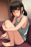  1girl absurdres bangs bare_arms bare_shoulders barefoot black_hair blurry blurry_background blush bottomless brown_eyes closed_mouth couch depth_of_field eyebrows_visible_through_hair flat_chest highres hugging_own_legs indoors knees_up long_hair looking_at_viewer low_twintails matsunaga_kouyou nose_blush on_couch original sidelocks sitting solo striped striped_tank_top tank_top twintails 