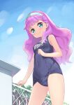 1girl blue_eyes blue_one-piece_swimsuit breasts clouds covered_navel from_below groin hairband highres laura_la_mer long_hair looking_down name_tag old_school_swimsuit one-piece_swimsuit outdoors precure purple_hair school_swimsuit sky small_breasts smile solo swimsuit tenjou_ryuka thighs tropical-rouge!_precure